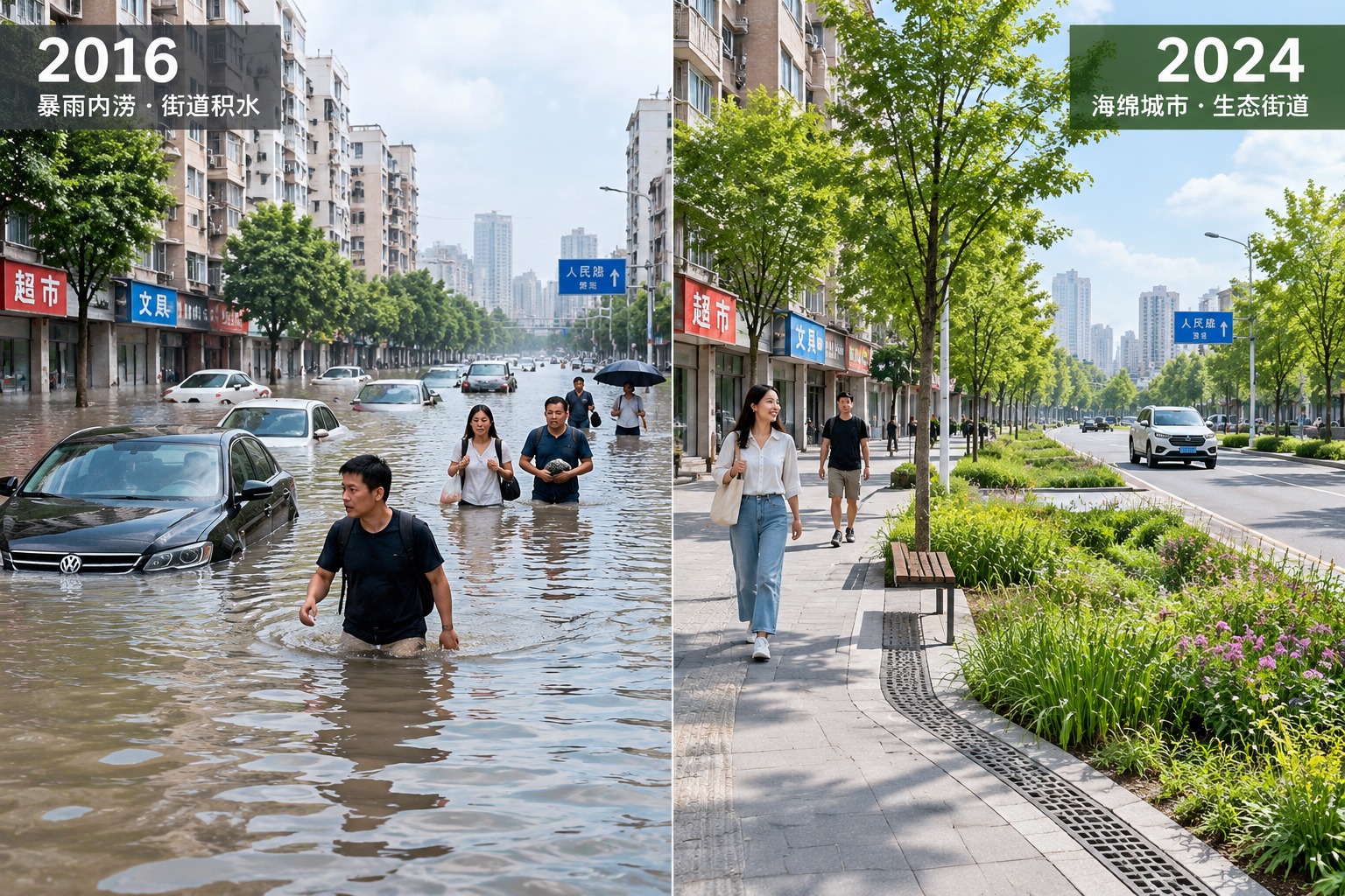 How China Built a 'Sponge City' to Stop Flooding Forever 22 A comparison of the same street in Wuhan before and after sponge city transformation: left shows severe flooding in 2016, right shows dry road with green infrastructure in 2024.