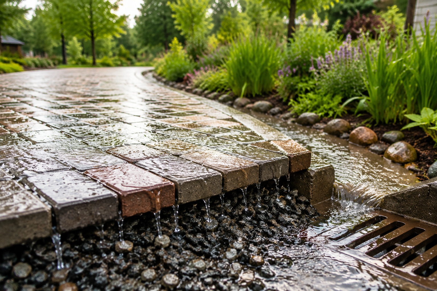 How China Built a 'Sponge City' to Stop Flooding Forever 23 Close-up of permeable pavement absorbing rainwater, with a rain garden in the background collecting runoff.