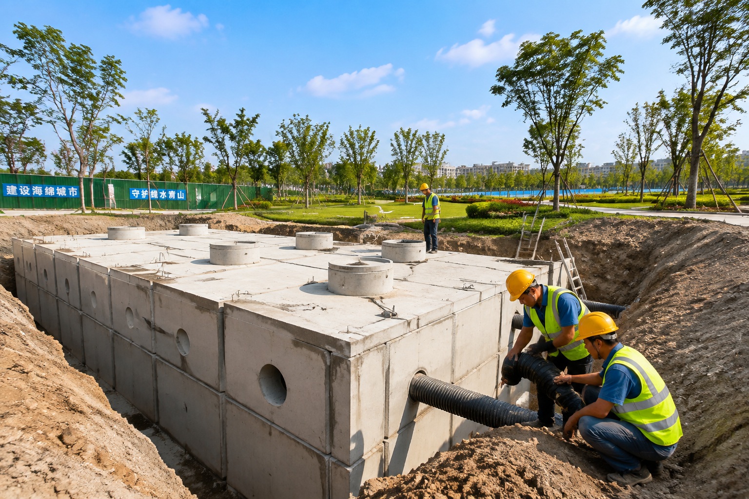 How China Built a 'Sponge City' to Stop Flooding Forever 24 Construction workers installing a large underground rainwater storage tank in a park in Zhenjiang, China.