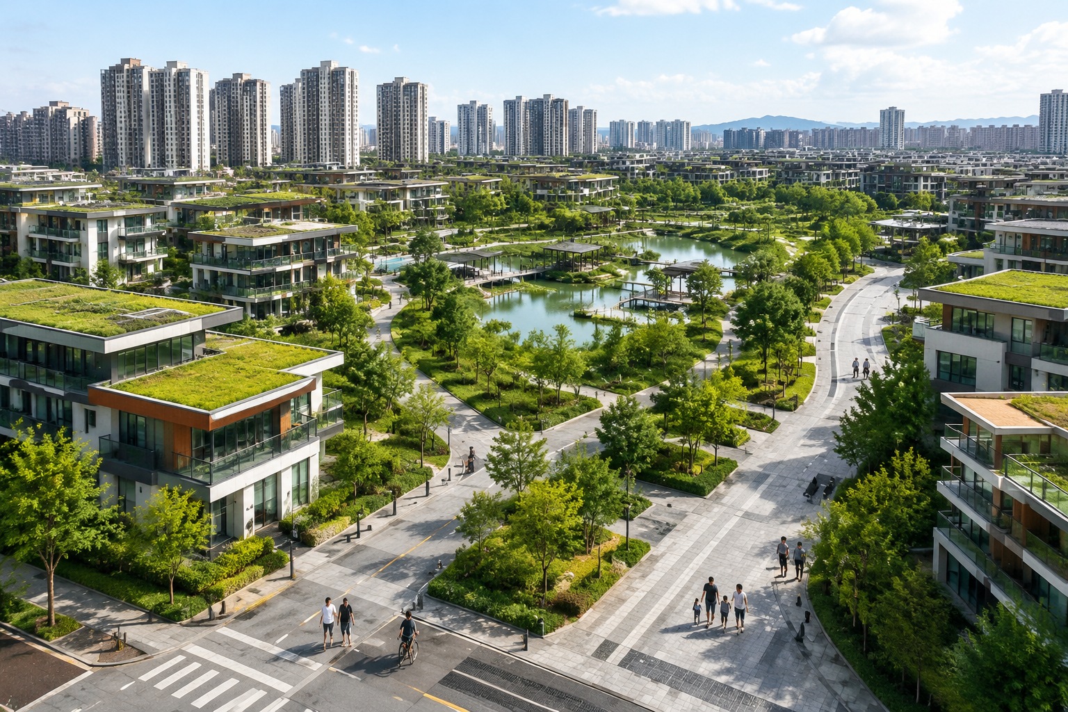 How China Built a 'Sponge City' to Stop Flooding Forever 25 Aerial view of a sponge city neighborhood showing green roofs, permeable pavements, rain gardens, and no flooded areas after a rainstorm.