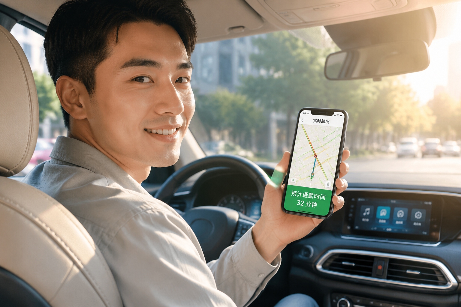 A smartphone screen showing a real-time traffic navigation app with congestion alerts and route suggestions, held by a driver in a Chinese city.