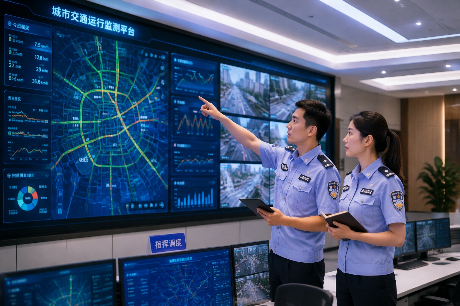 Traffic control center in China with large screens showing real-time city traffic data, heatmaps, and AI analytics.