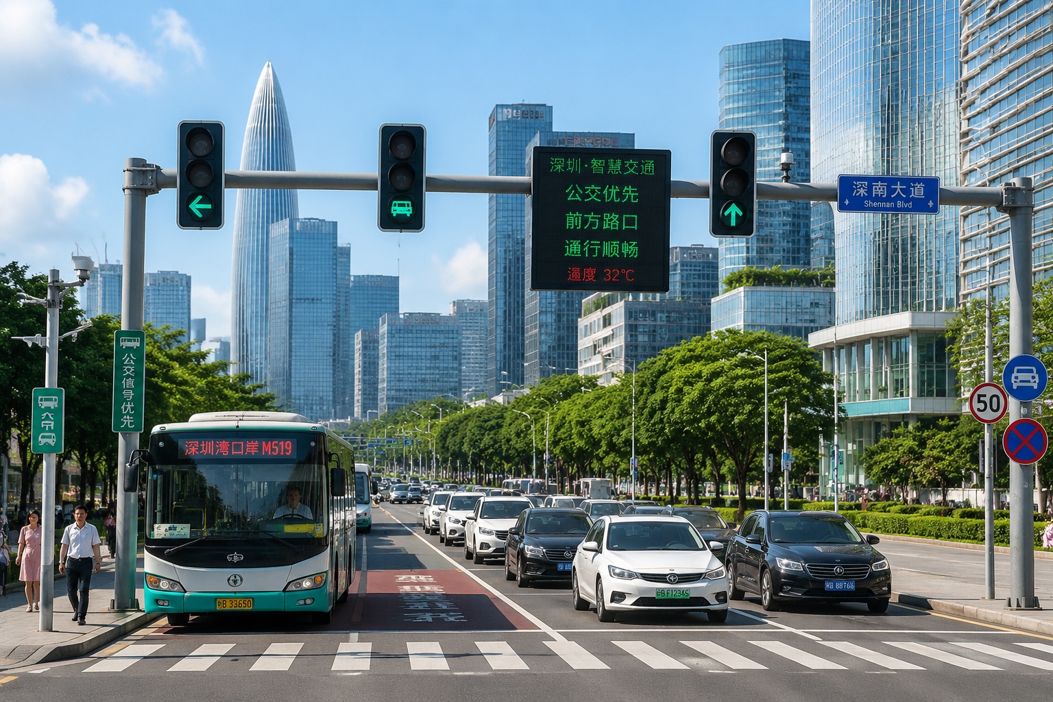 A busy intersection in Shenzhen with smart traffic lights and real-time variable message sign, demonstrating dynamic signal control.