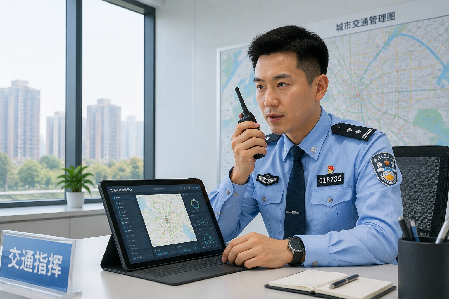 Chinese traffic police officer using a tablet with a traffic management app to monitor and control city traffic remotely.