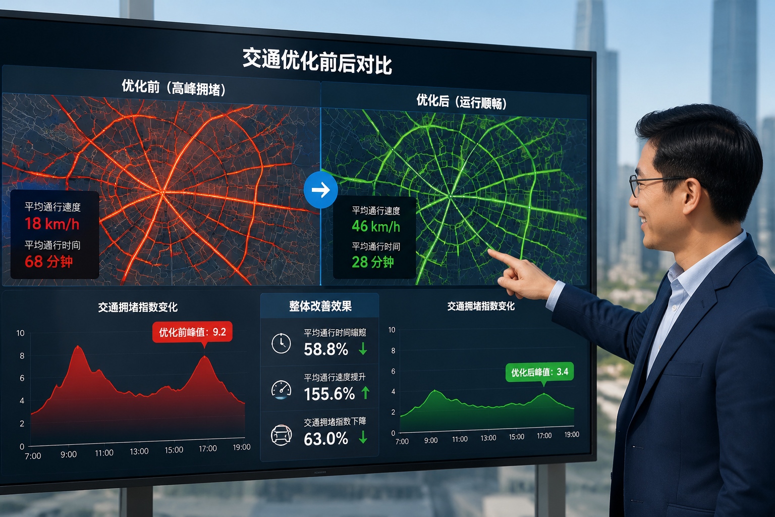 Dashboard showing before-and-after comparison of traffic efficiency: average travel time reduced by 19.5% after implementing smart traffic app.