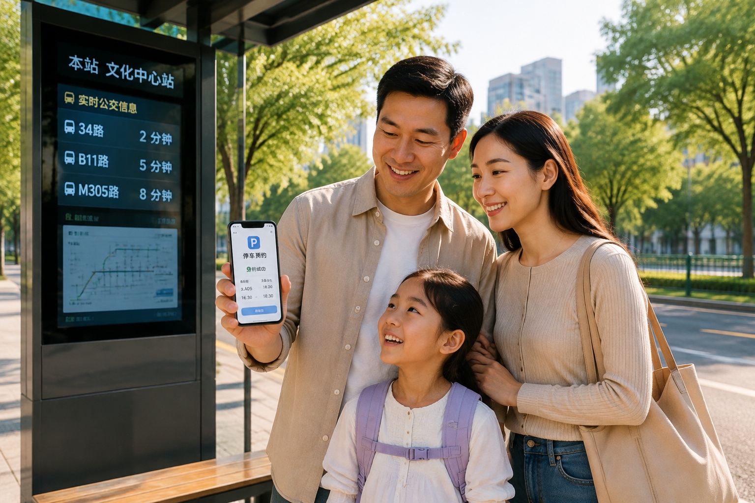 Chinese family at a bus stop using real-time bus arrival info and a parking reservation app on smartphone, showing lifestyle integration of smart city apps.
