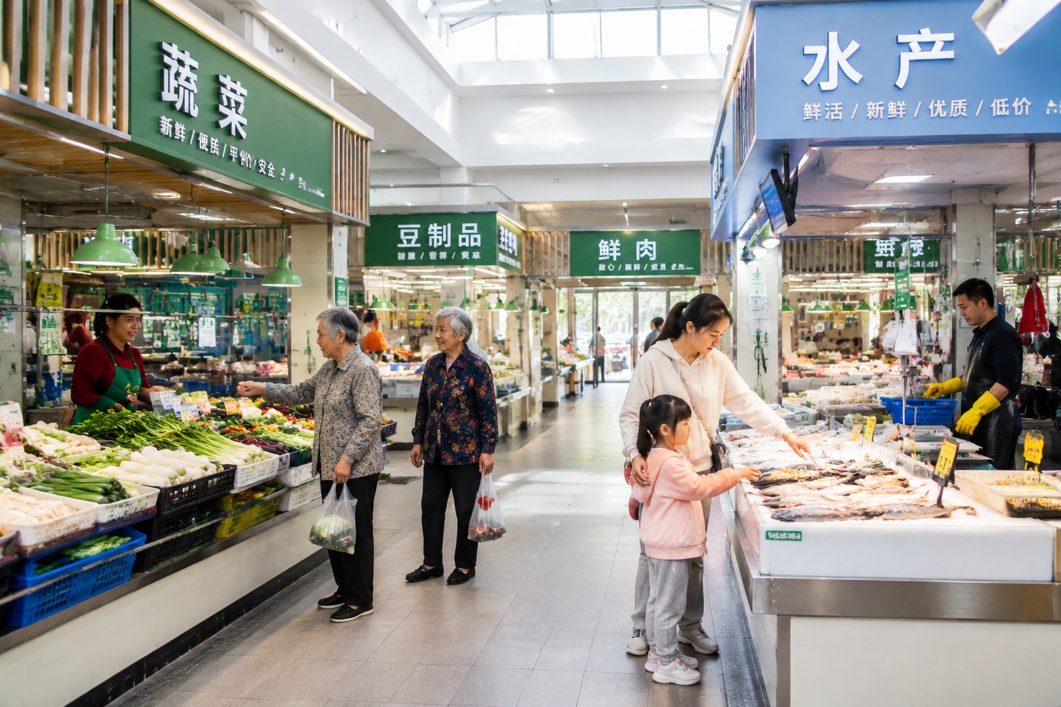 Residents shopping at a clean, renovated wet market in Shanghai, part of the 15-minute community life circle