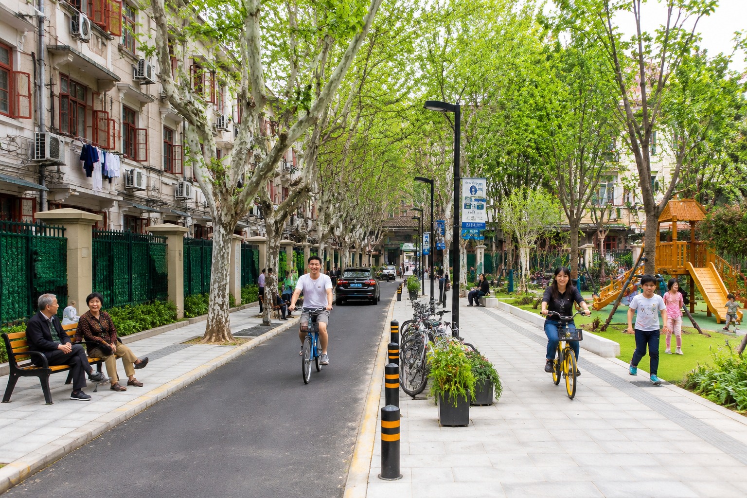 A redesigned Shanghai street with wider sidewalks, trees, and a pocket park, making walking more pleasant