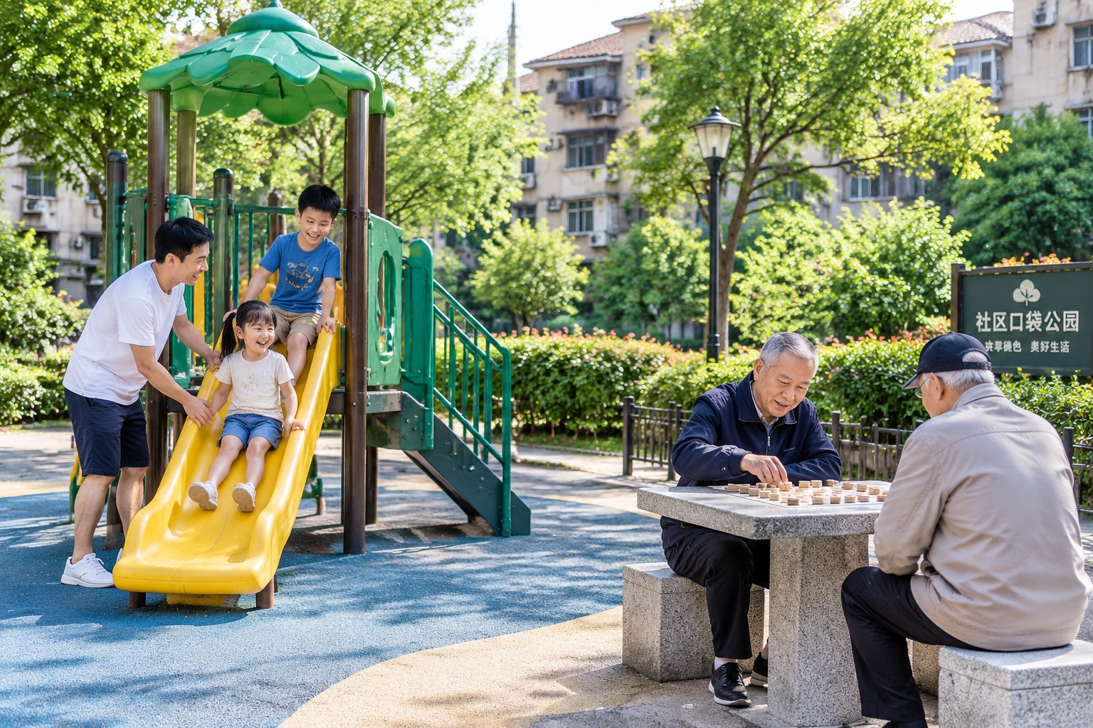 A father plays with his children at a Shanghai pocket park while seniors play chess, illustrating the community feel of the 15-minute city