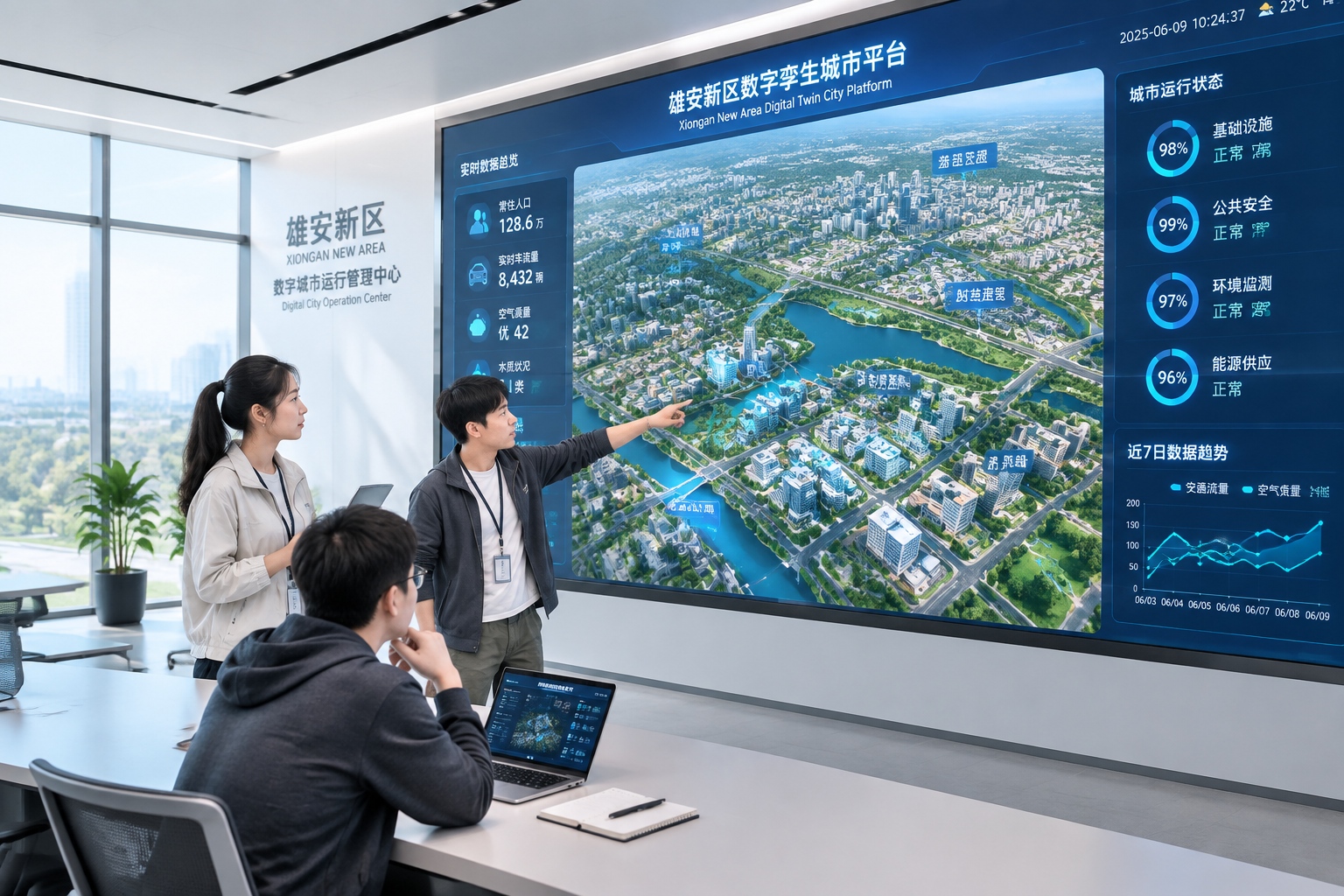 Engineers monitoring a digital twin of Xiongan on a large screen in a command center, with real-time traffic and infrastructure data displayed.