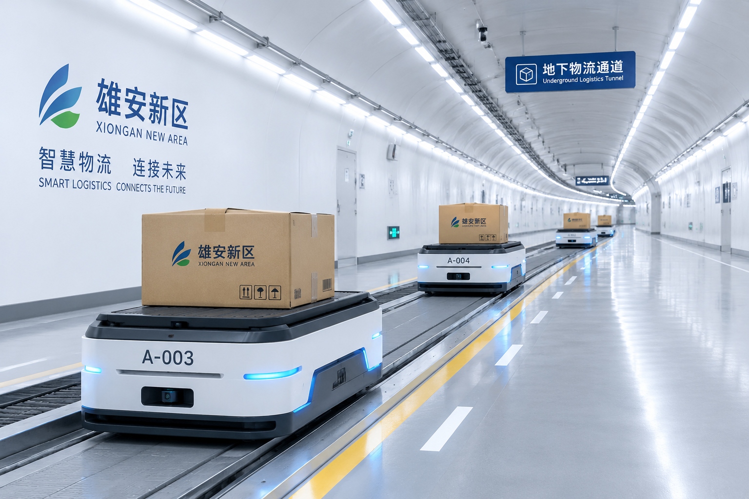 Underground logistics tunnel in Xiongan with automated vehicles transporting packages along a conveyor system.