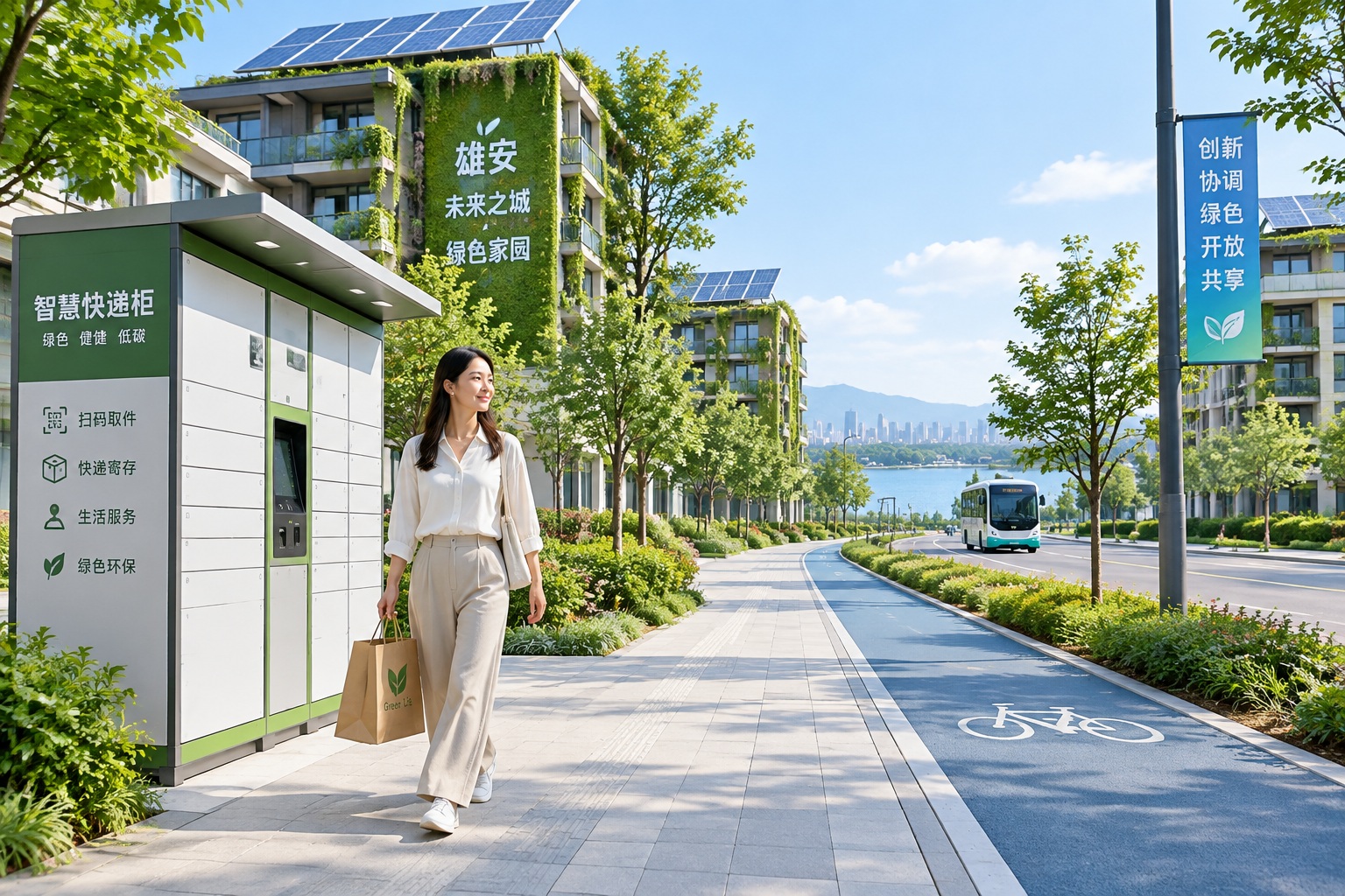 A resident walking past a smart locker station in a green building complex in Xiongan, with solar panels and gardens visible.