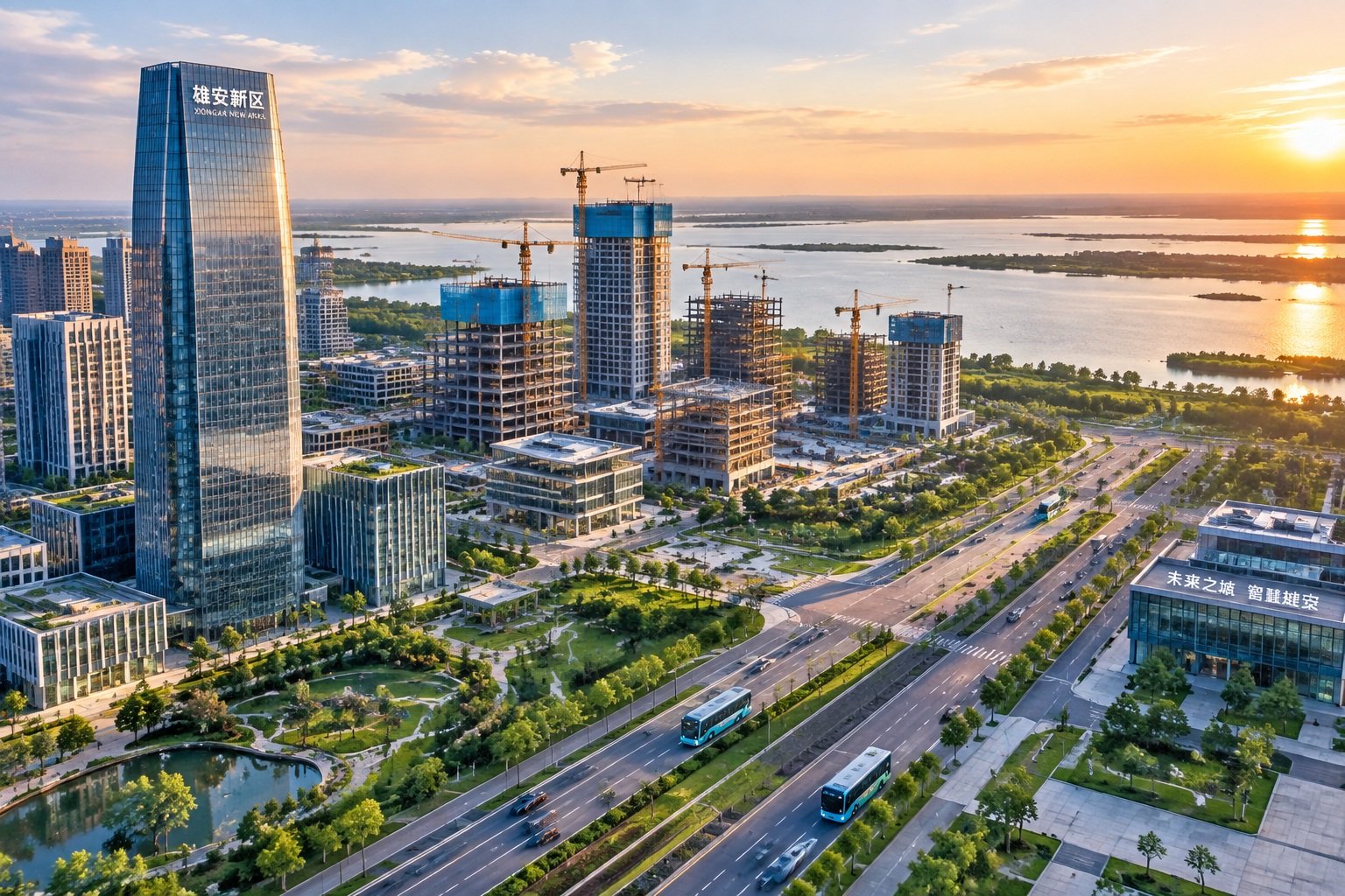 Aerial photograph of Xiongan's central business district showing completed buildings and ongoing construction, with green spaces and lake.