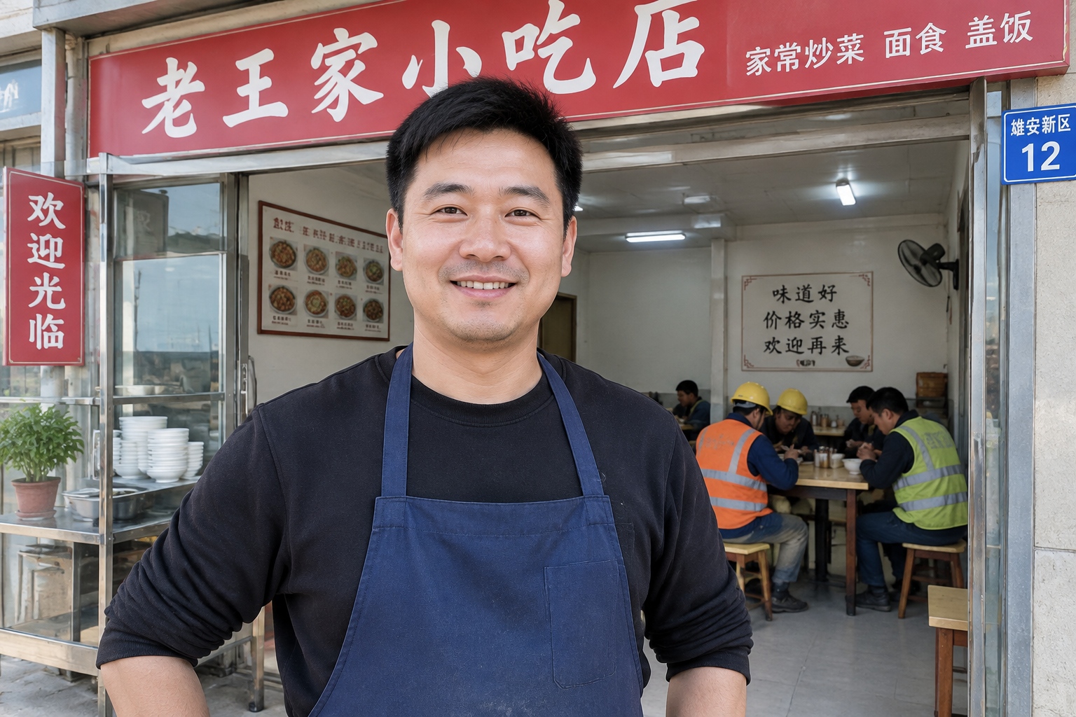 Restaurant owner Wang Lin stands outside his eatery in Xiongan, serving construction workers and early residents.