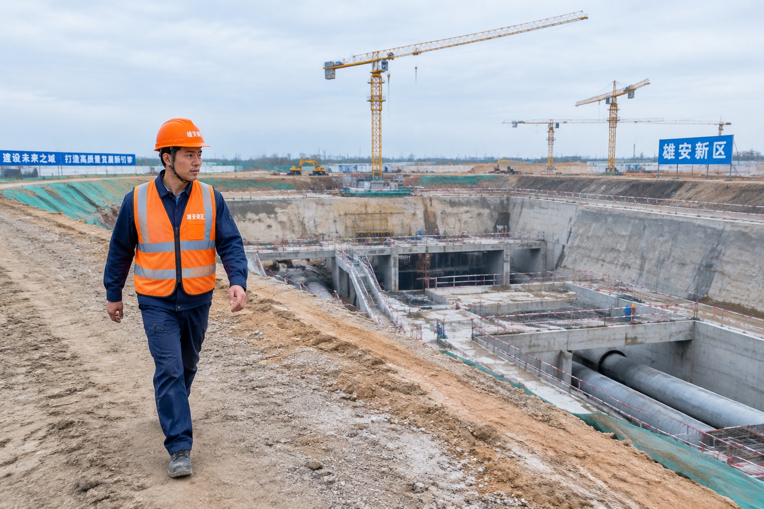 Construction worker overlooking deep excavation for underground infrastructure in Xiongan, highlighting the scale of the project.