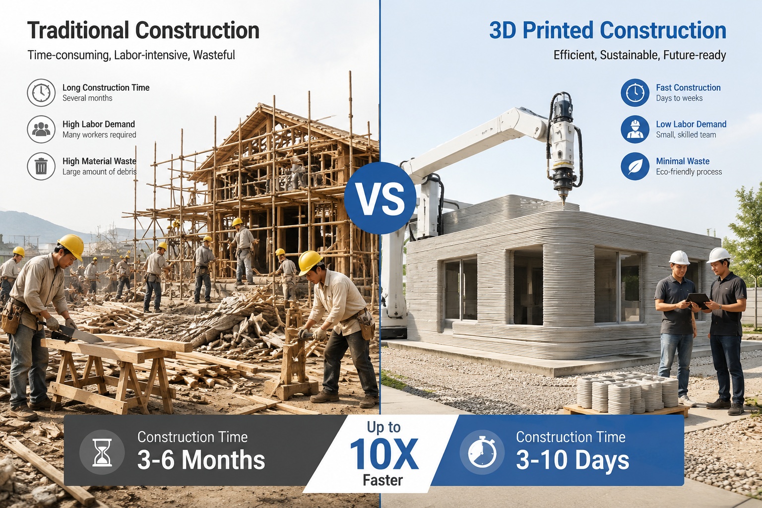 Comparison of traditional vs 3D printing construction