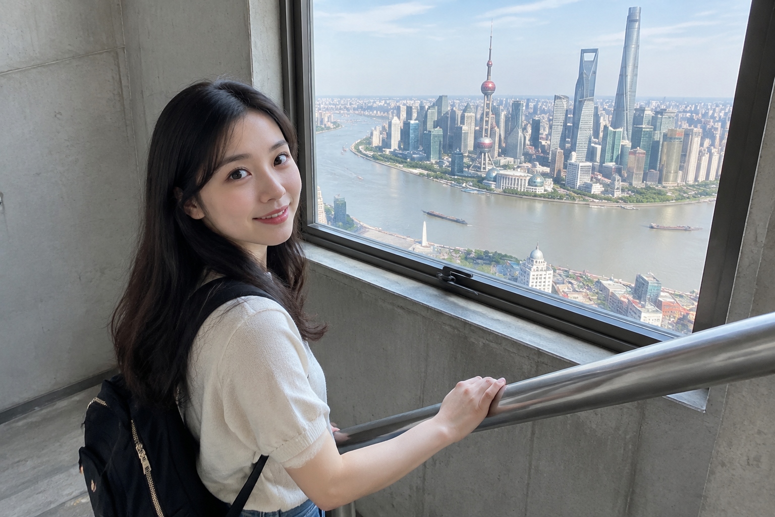View of the Huangpu River and Shanghai skyline from a stairwell window inside Shanghai Tower.