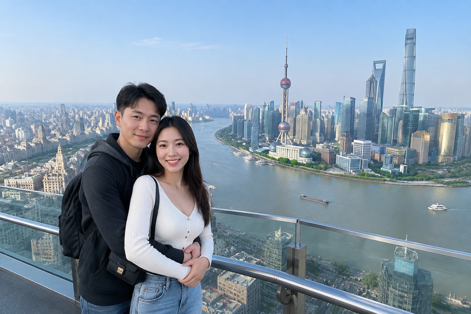 Panoramic view of Shanghai from the observation deck of Shanghai Tower, showing the Huangpu River and the city's skyline.