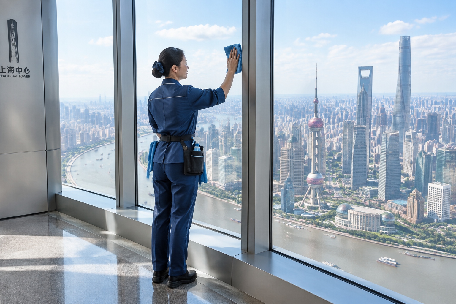 A cleaner wipes fingerprints from the glass of the observation deck at Shanghai Tower, with the city visible below.