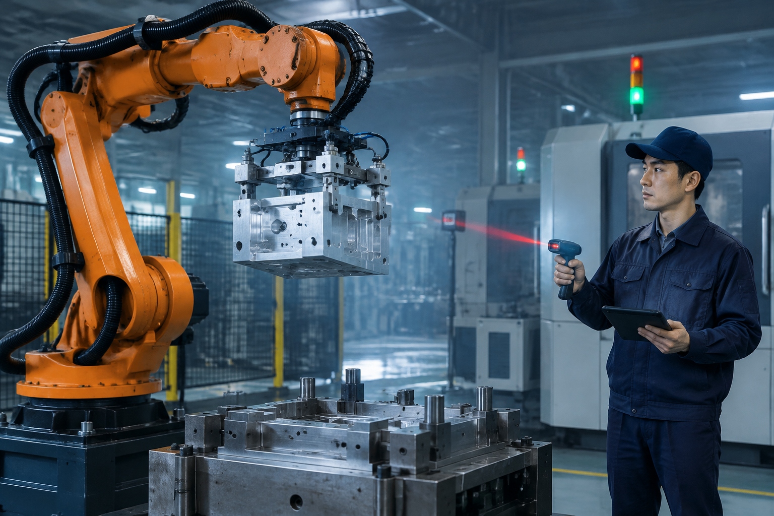 A robotic arm lifts a machined aluminium block inside a dimly lit automated parts factory in Ningbo, China