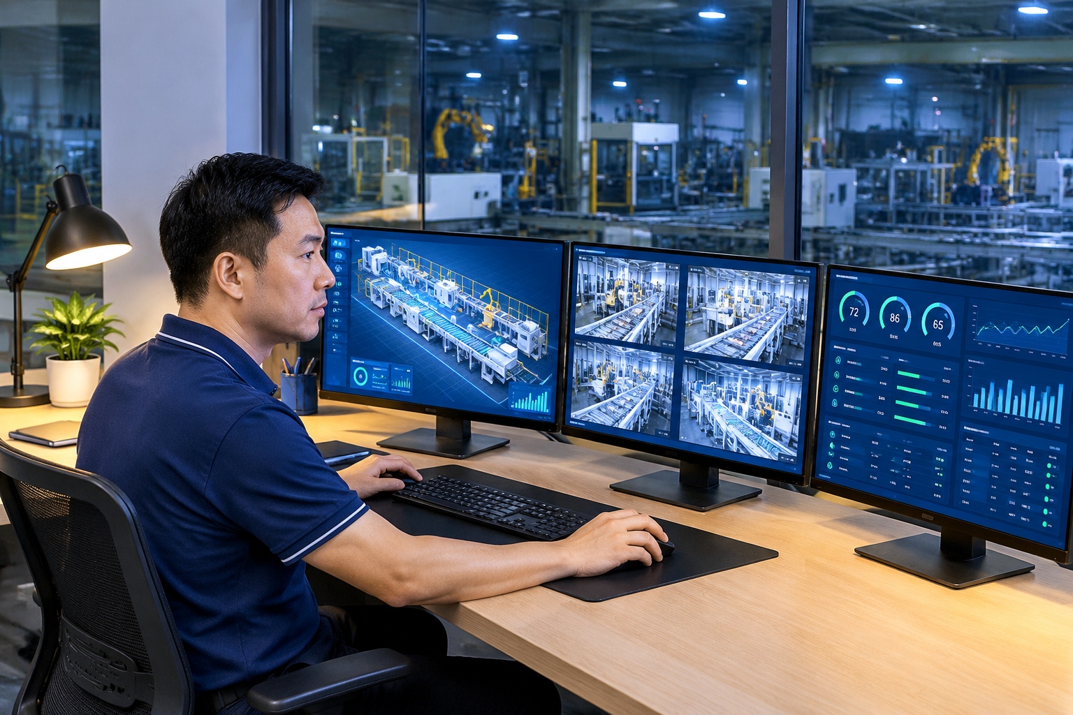 A technician monitors a digital twin of a production line from a glass-walled control room at a Chinese auto parts factory