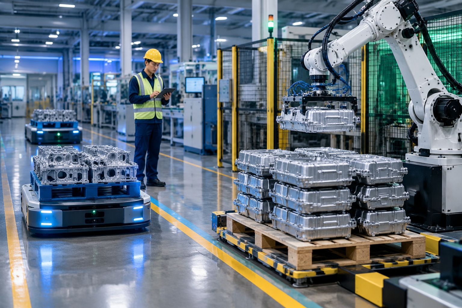 Automated guided vehicles move pallets of metal parts across the floor of an automated Chinese factory