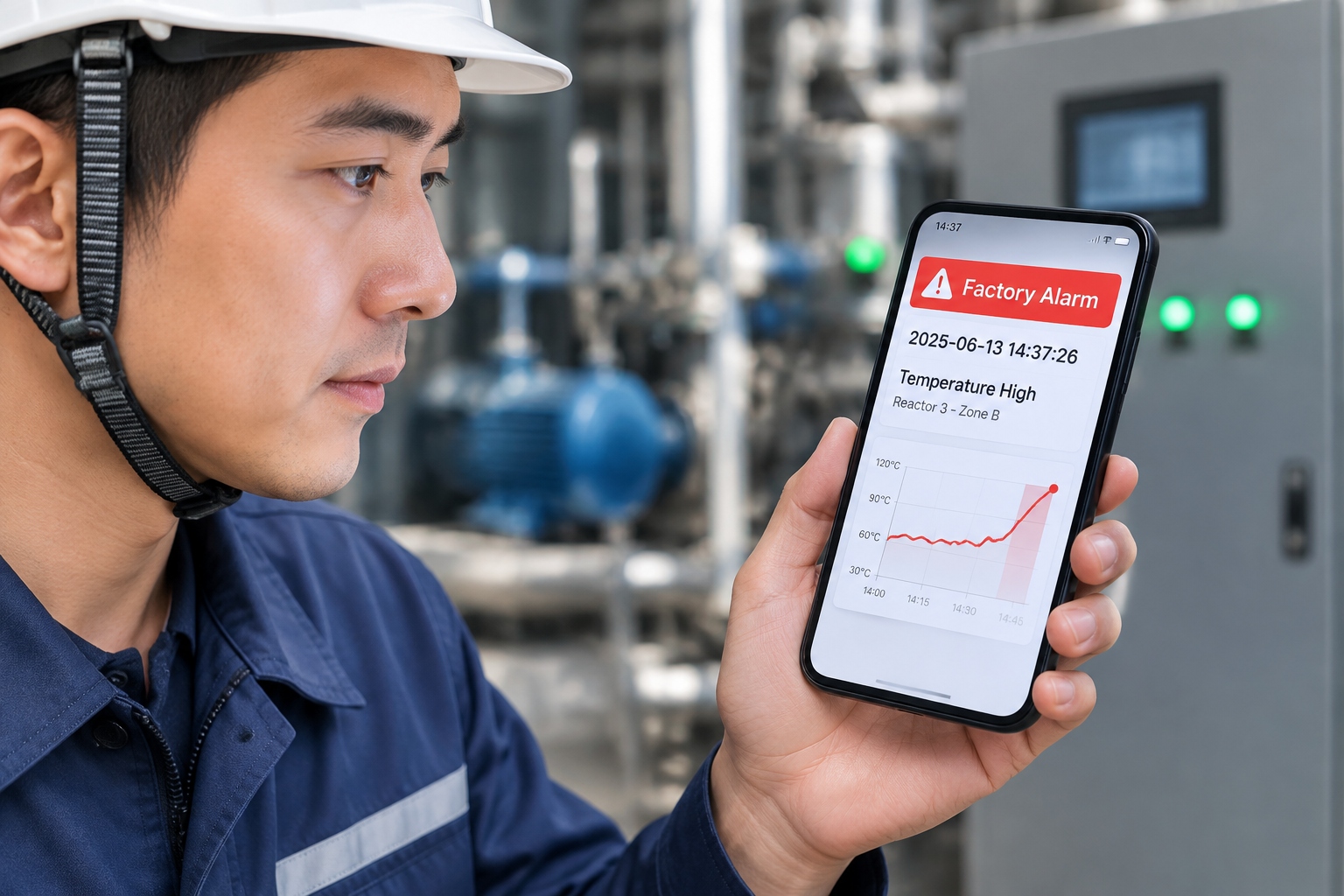 A smartphone screen shows a 2:47 a.m. factory alarm notification that a technician fixed remotely from home