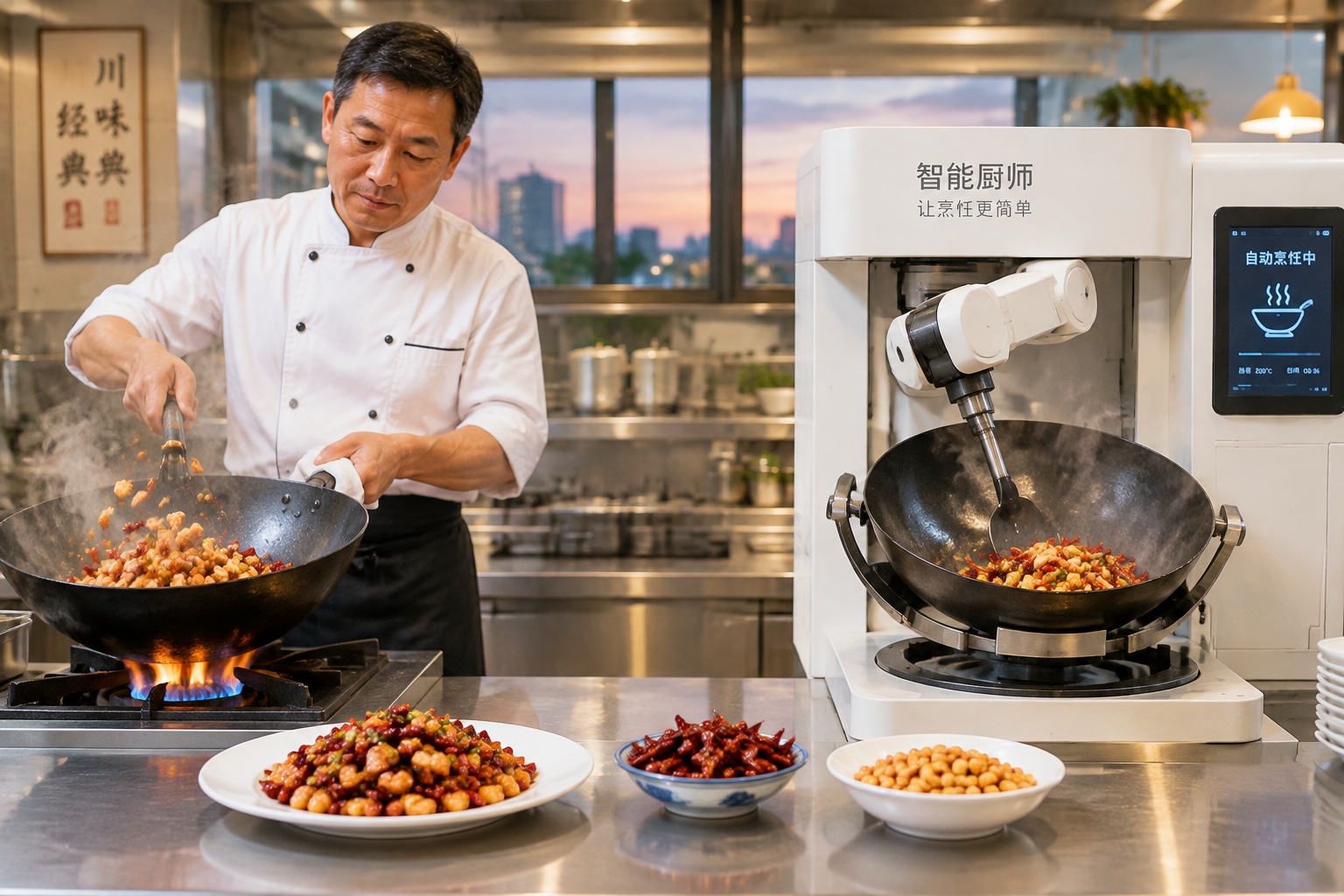 A Chinese chef tossing a wok beside a white robotic cooking machine in a restaurant kitchen in Chengdu