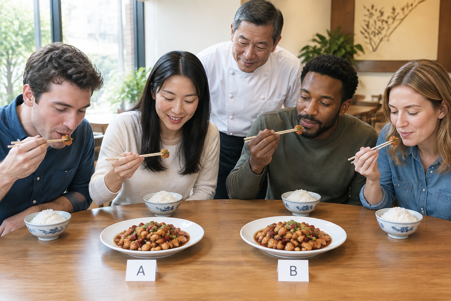 Four people blind-tasting two identical plates of Kung Pao chicken on a wooden table with rice and chopsticks
