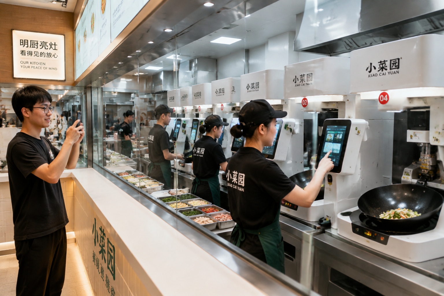 Row of automated cooking machines behind a glass partition in a Chinese chain restaurant kitchen with staff loading ingredient trays