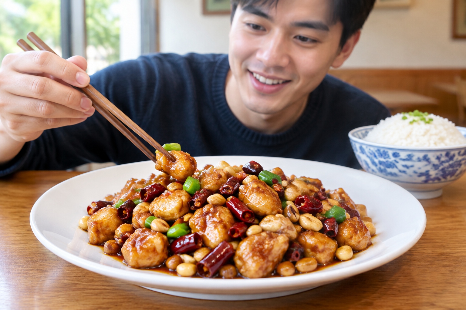 Close-up of Kung Pao chicken with diced chicken, roasted peanuts, dried red chilies and scallions in a dark sauce