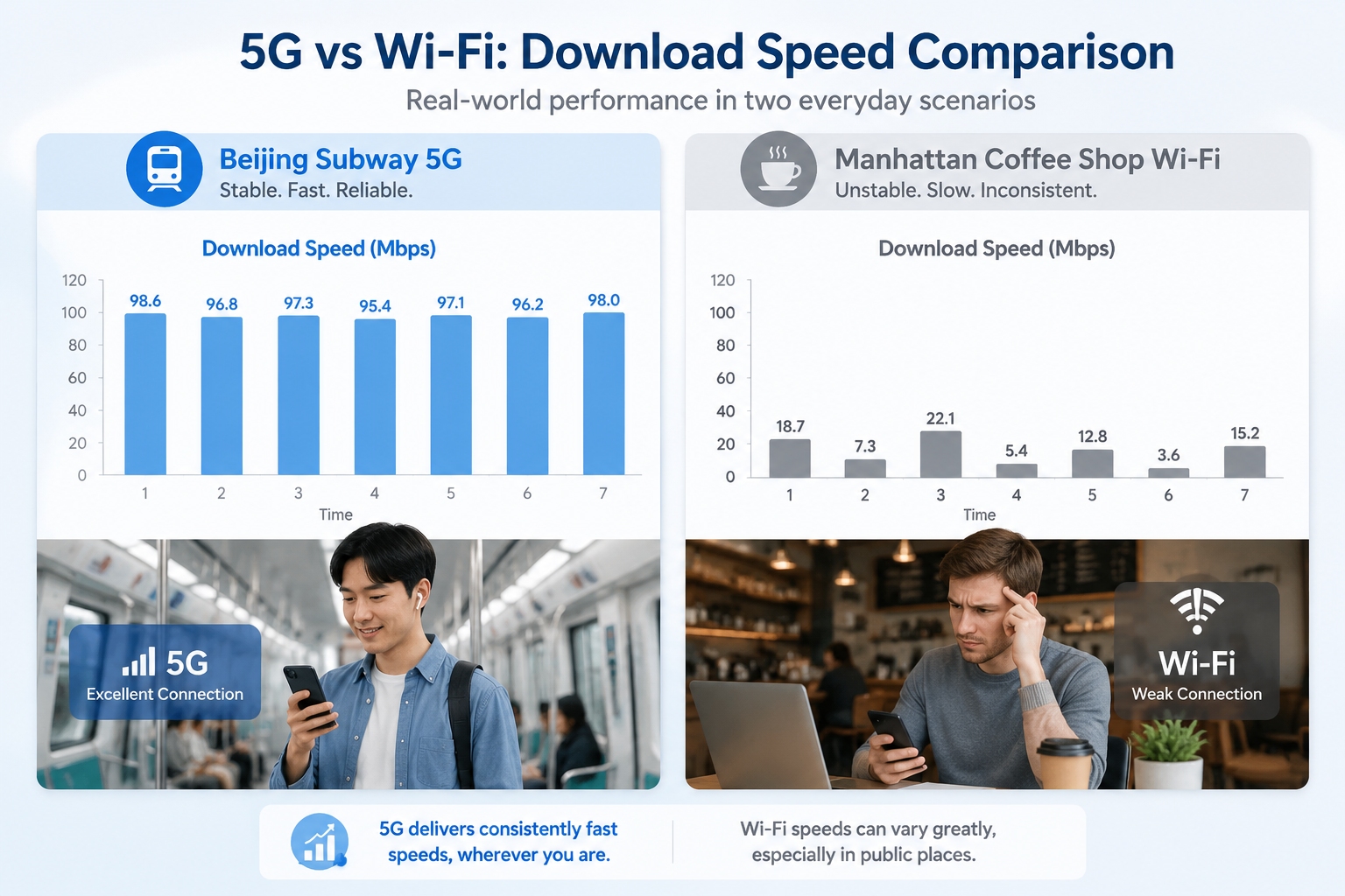 Data chart comparing internet speed performance between Beijing subway 5G and New York coffee shop Wi-Fi