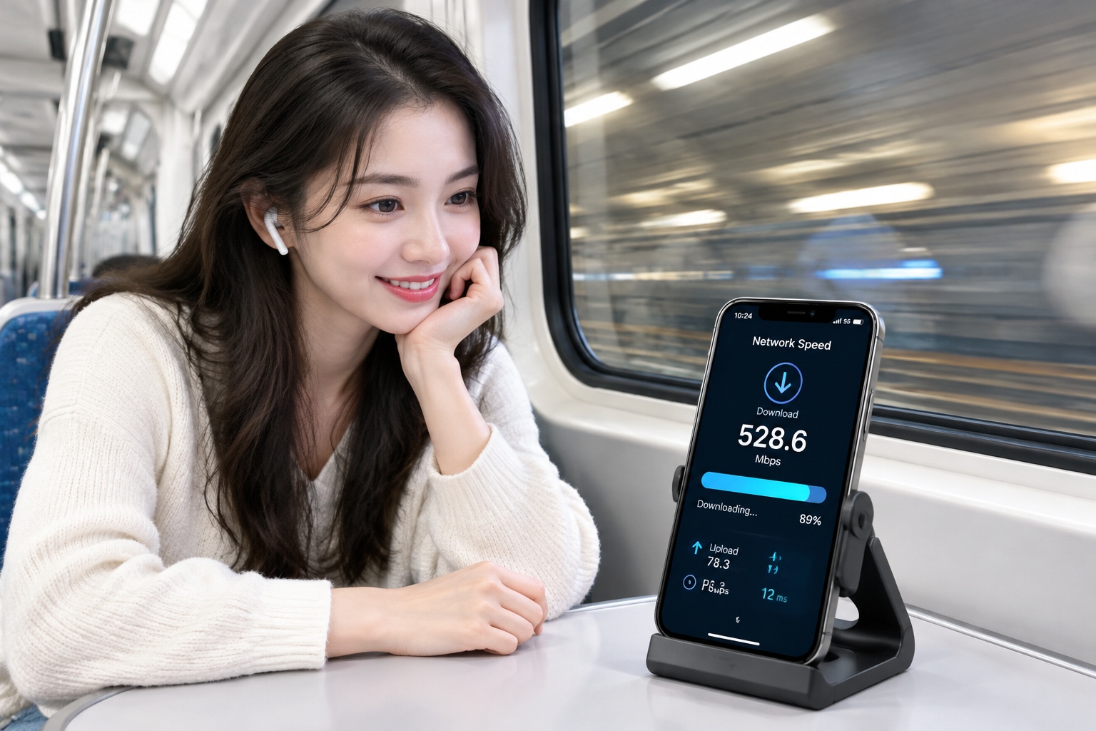 Smartphone displaying high-speed 5G connection while traveling through a subway tunnel