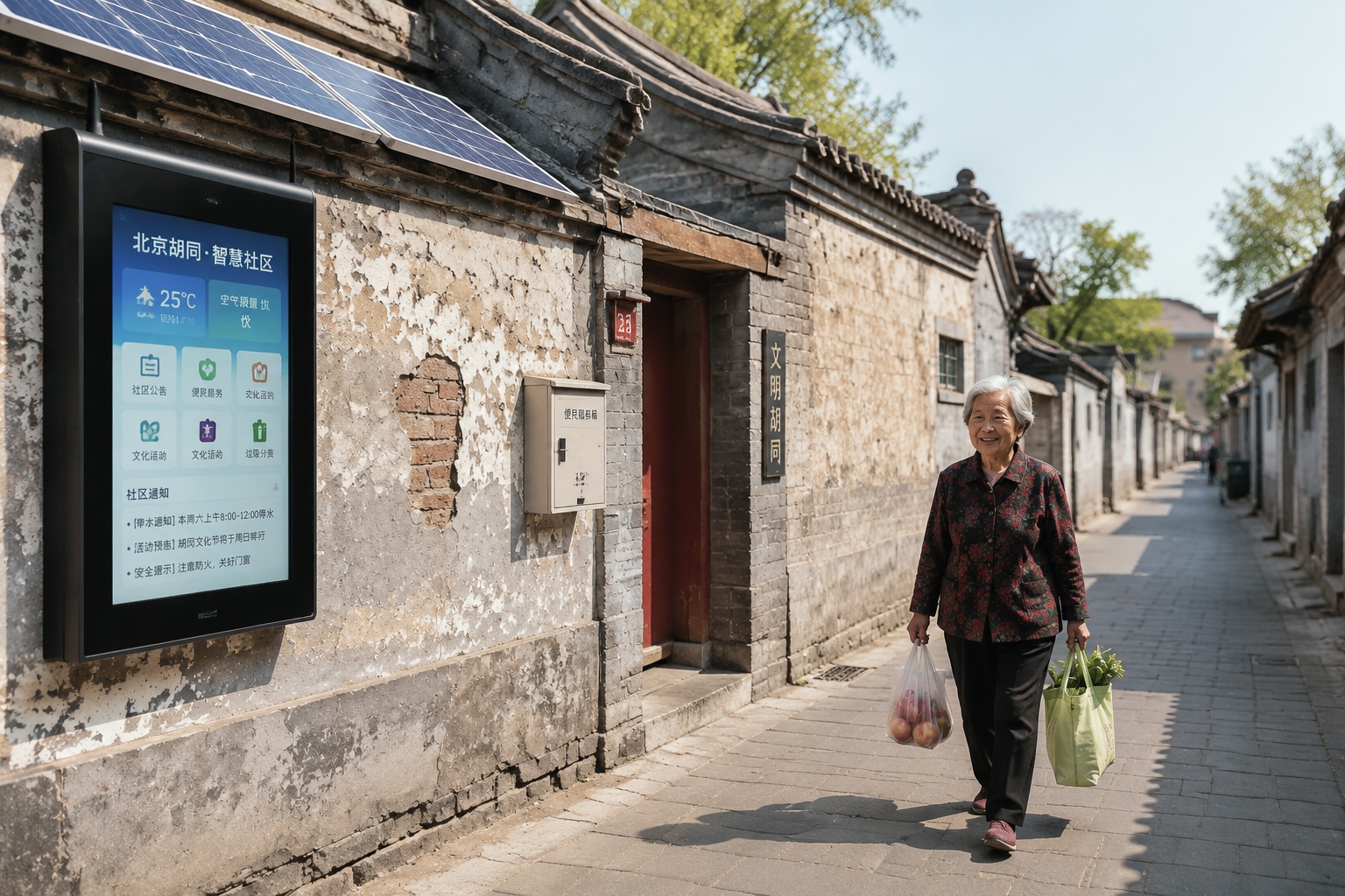 Narrow alley in a renovated Chinese old neighborhood showing contrast between weathered walls and modern technology like solar panels and digital screens