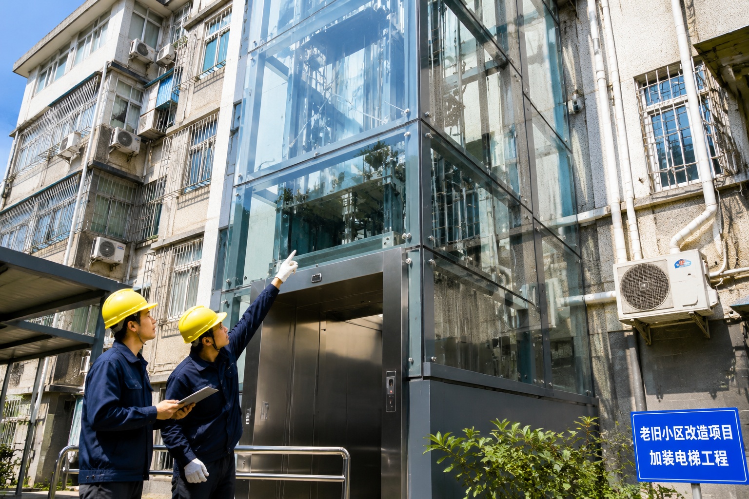 Newly installed elevator on an old five-story apartment building in China helping elderly residents