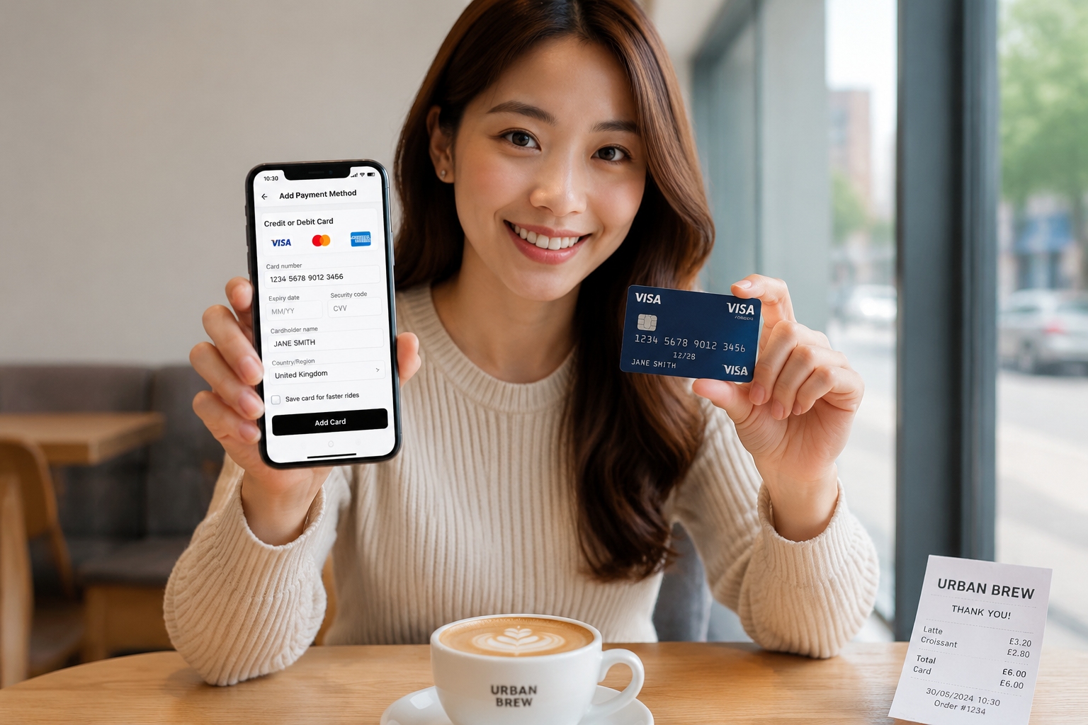 Adding an international credit card or Alipay in the Didi app on a smartphone at a cafe in China