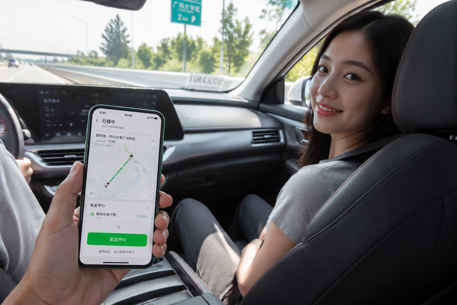 Passenger using Didi safety tools including trip sharing and emergency button during a ride in China
