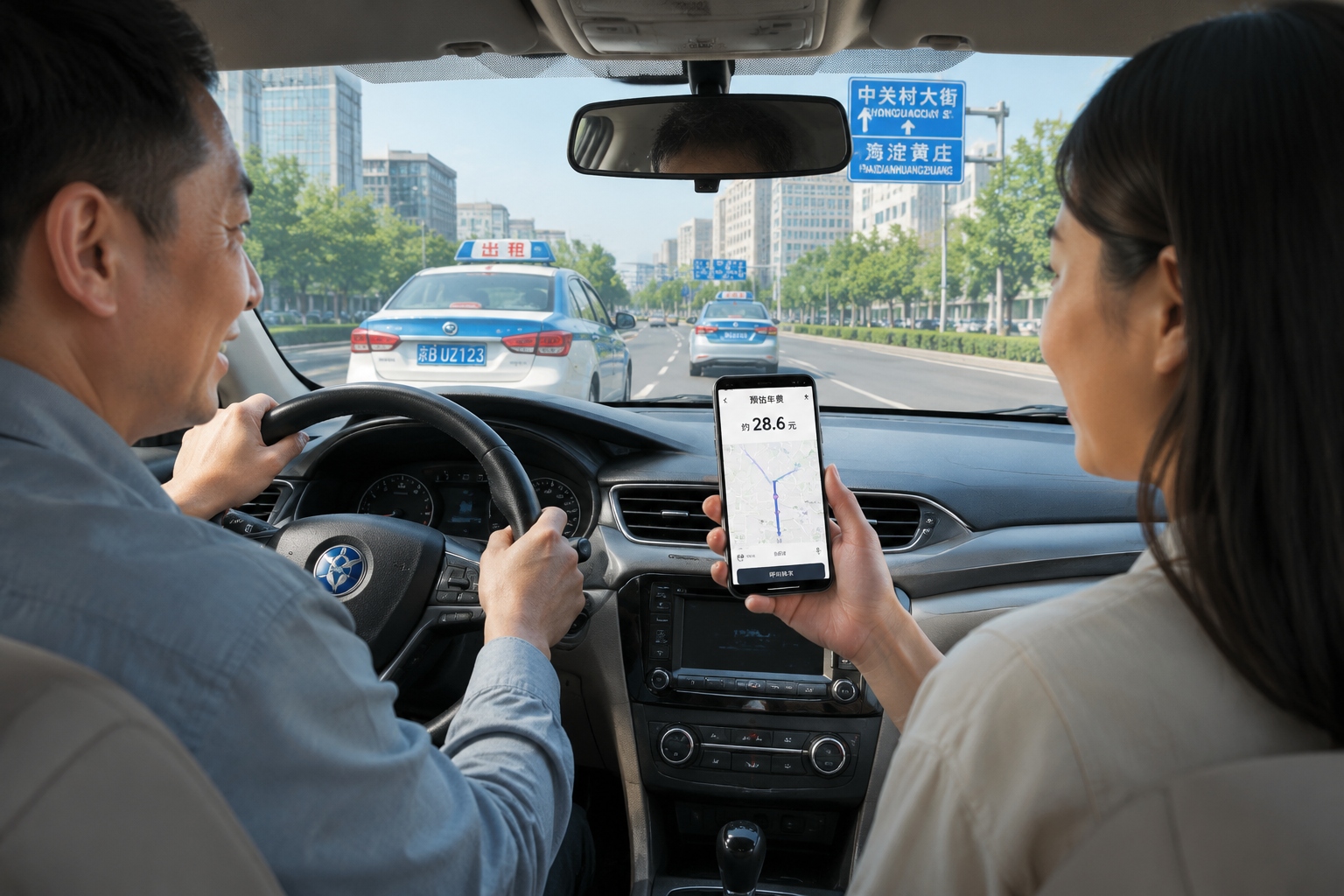 Passenger using Didi app to track a taxi ride in China with fare estimate on screen