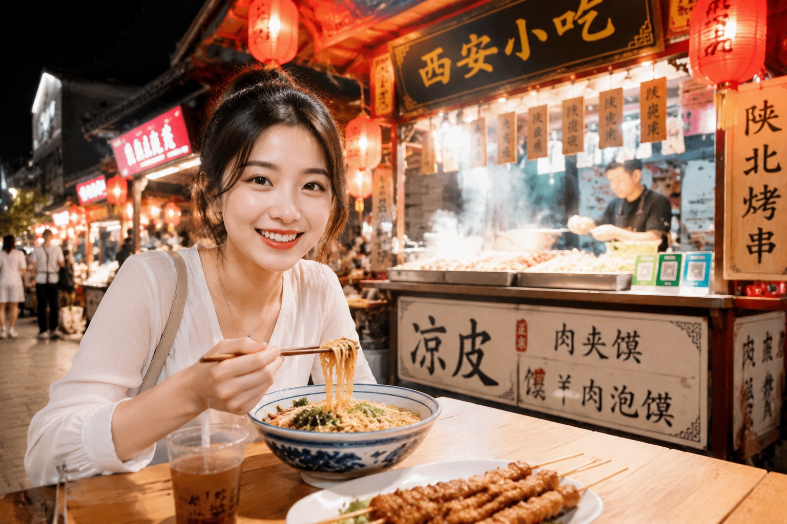 Solo female traveler enjoying street food at a Chinese night market at night, feeling safe and relaxed