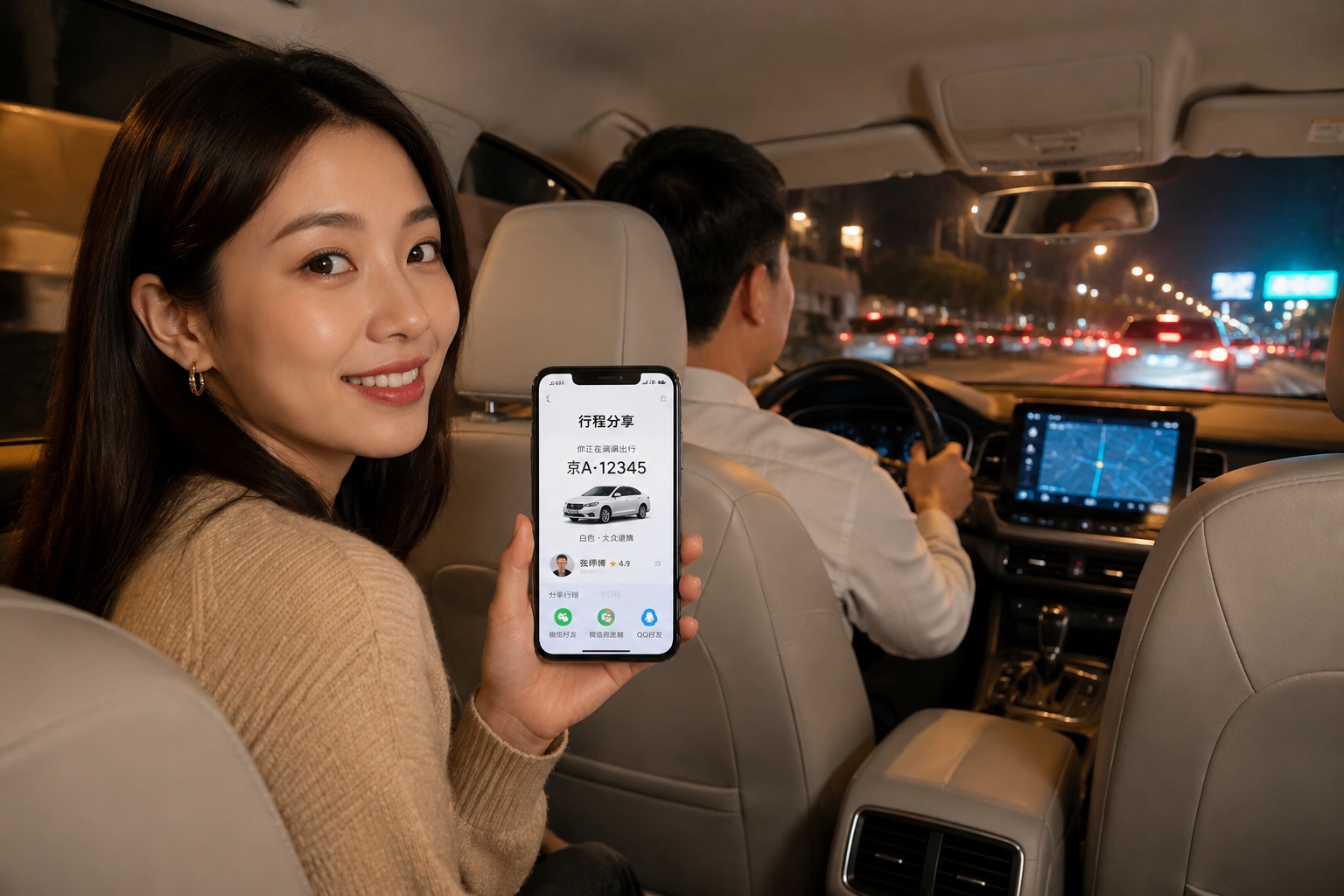 Female passenger using DiDi rideshare app with safety features like trip sharing and emergency button