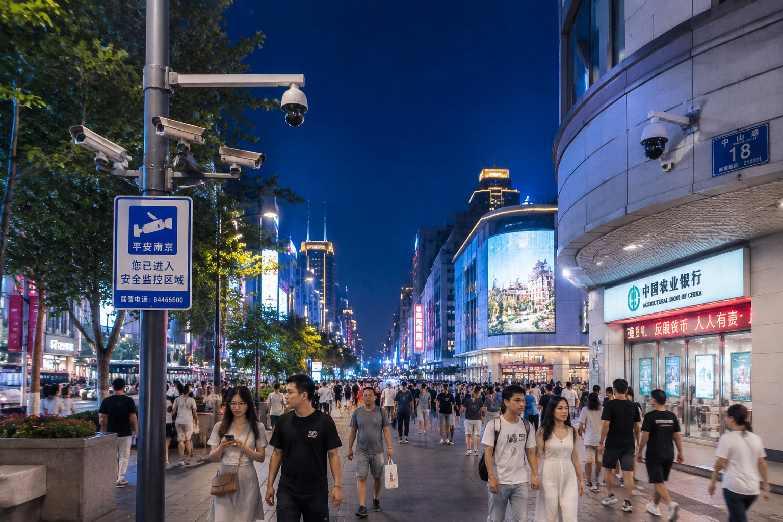 Chinese street with multiple surveillance cameras (Sky Net system) monitoring public safety at night