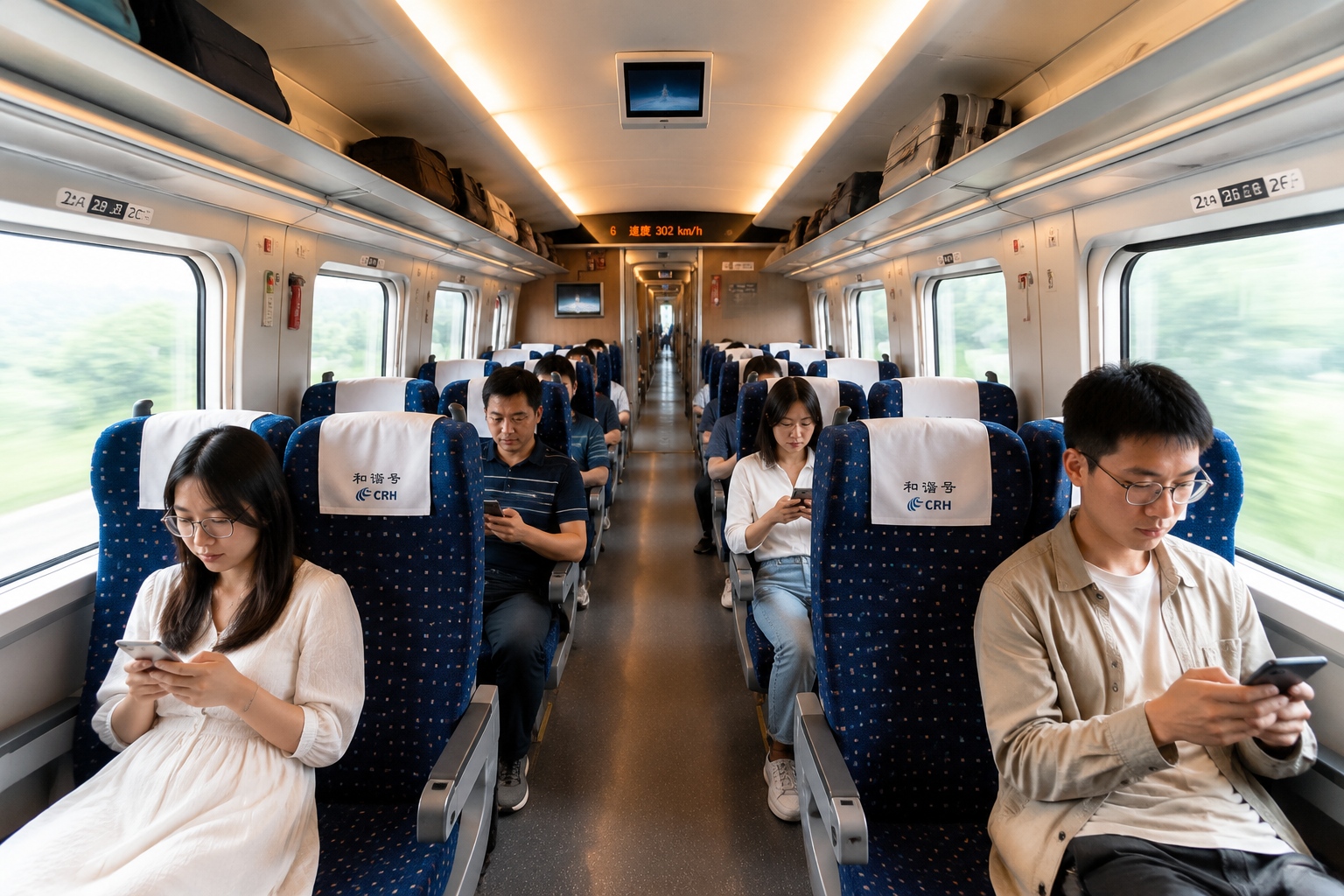 Interior of a Chinese high-speed train second-class carriage showing comfortable seats, passengers, and power outlets