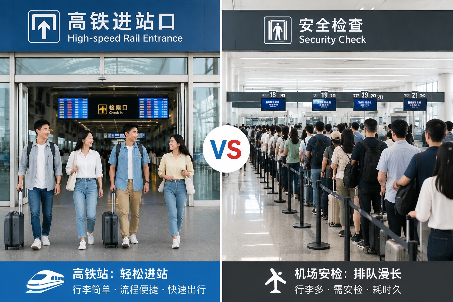 Comparison of easy entry at high-speed rail station versus long security line at airport in China