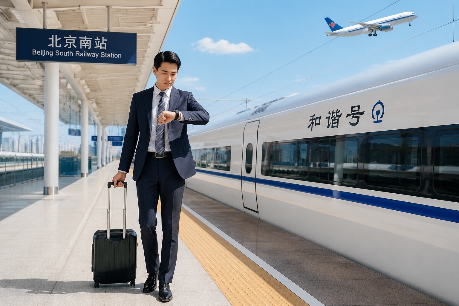 Business traveler deciding between high-speed train and plane at a Chinese railway station