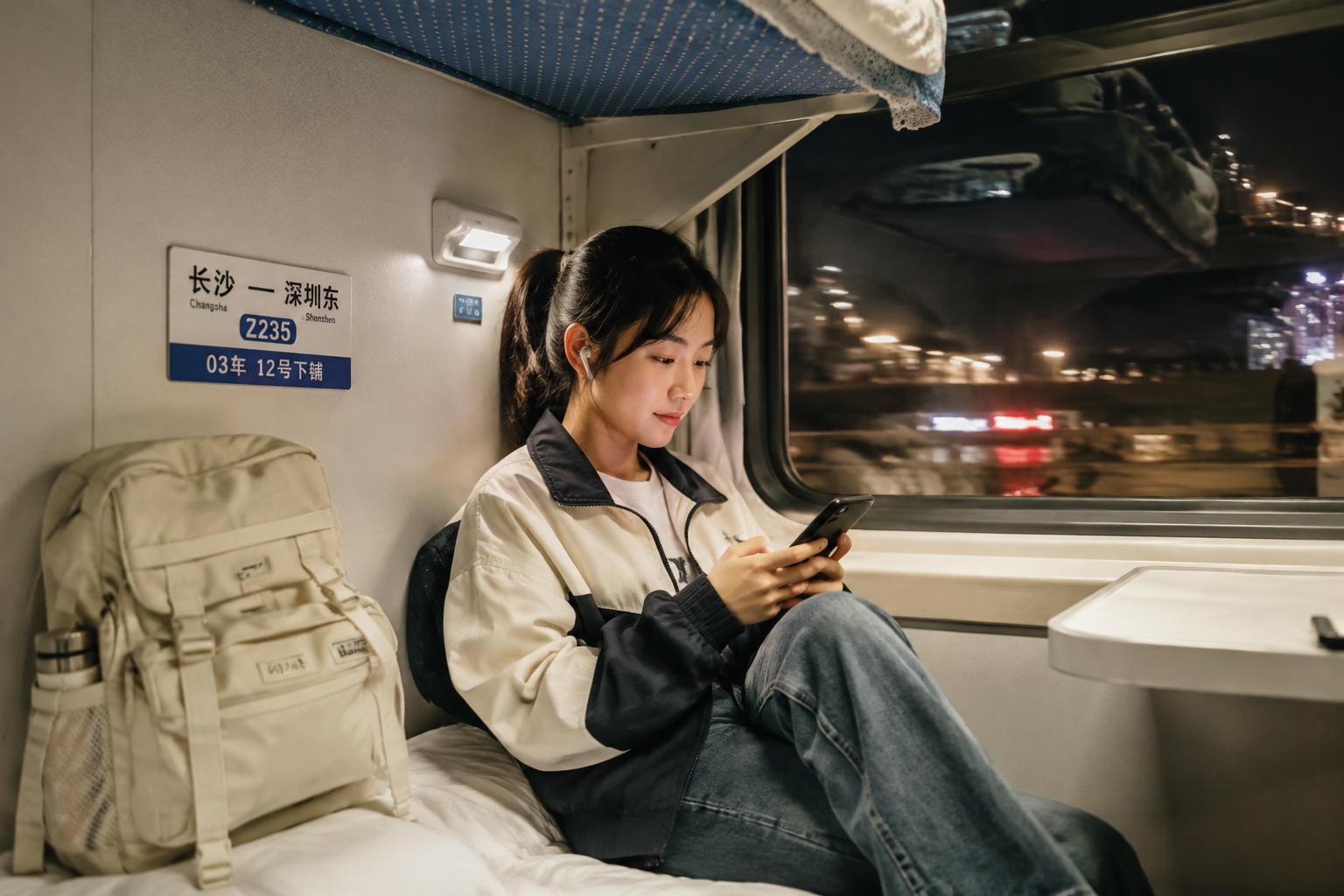 Chinese college student on an overnight hard-sleeper train checking his smartphone during special forces travel