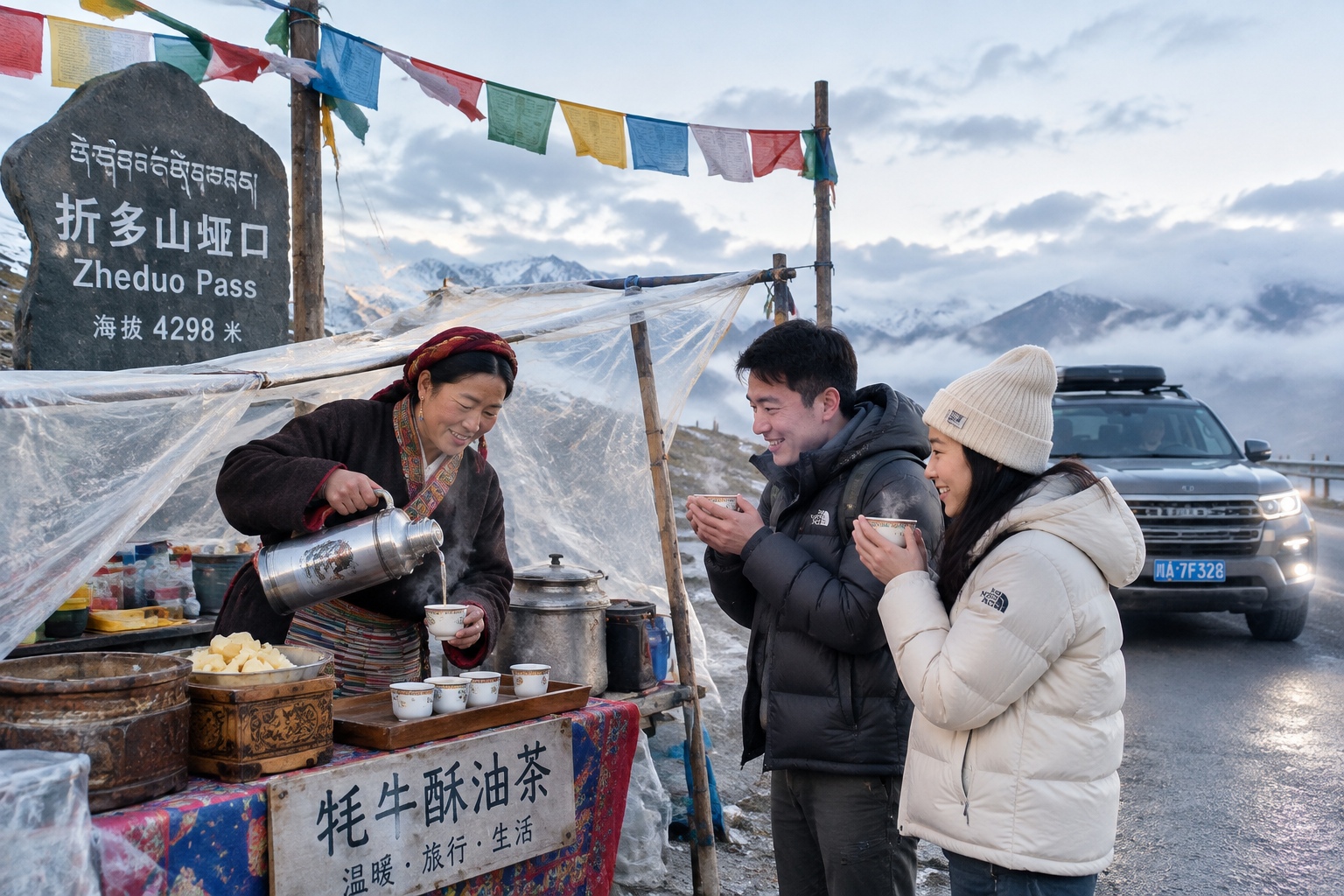 Drivers drinking yak butter tea at a roadside stall at Zheduo Pass in Sichuan at dawn with prayer flags and a parked SUV