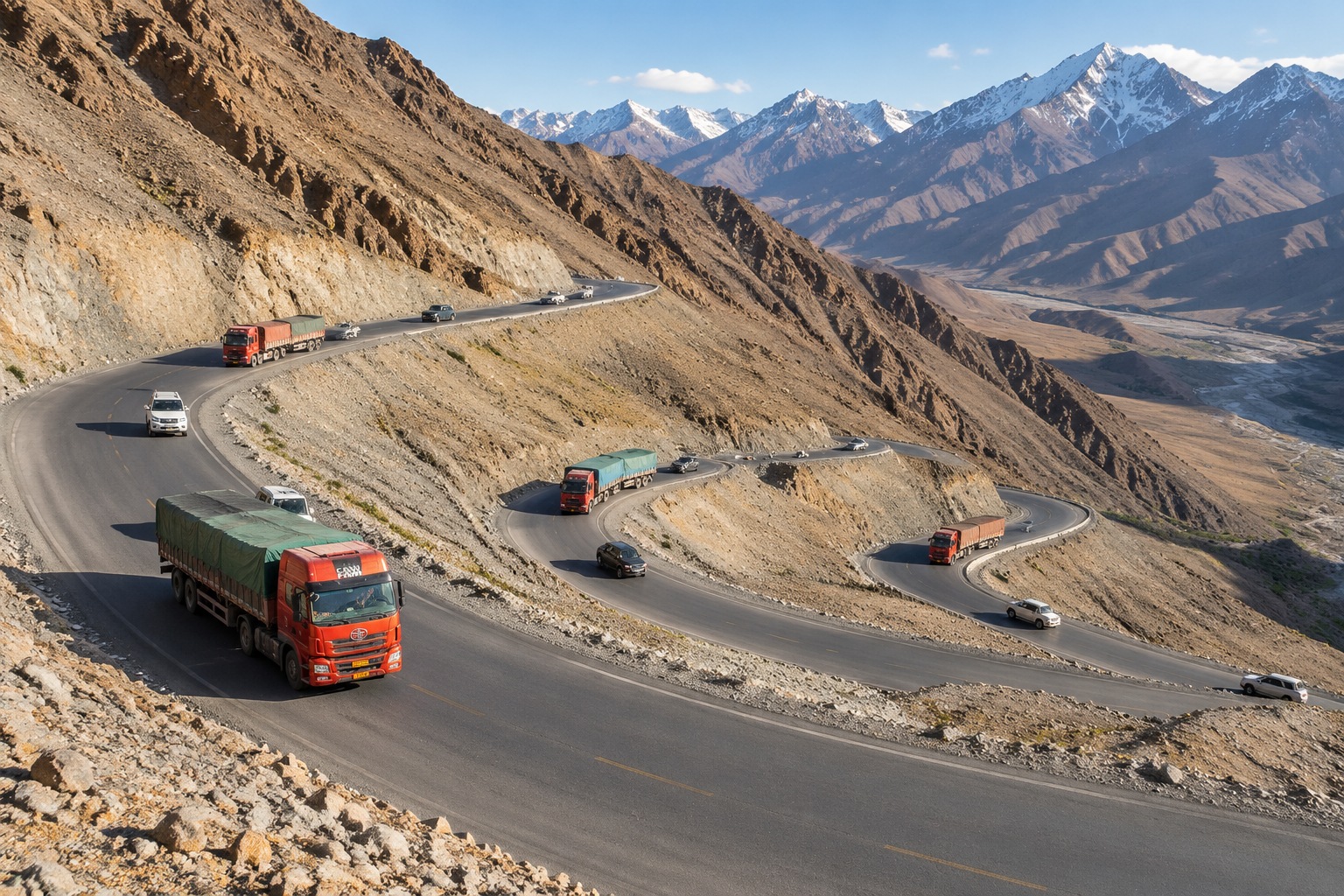 Aerial view of trucks and cars on the hairpin switchbacks of the Duku Highway crossing the Tianshan mountains in Xinjiang