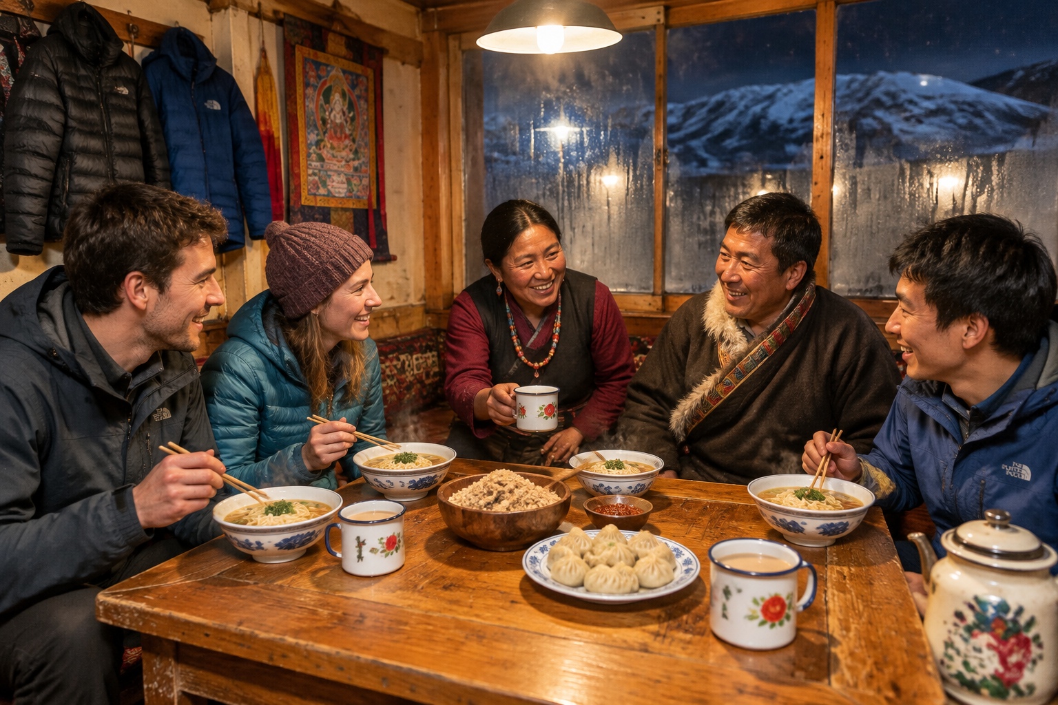 Travelers sharing a meal of noodle soup, tsampa and yak butter tea with Tibetan hosts inside a family guesthouse on the Sichuan-Tibet Highway