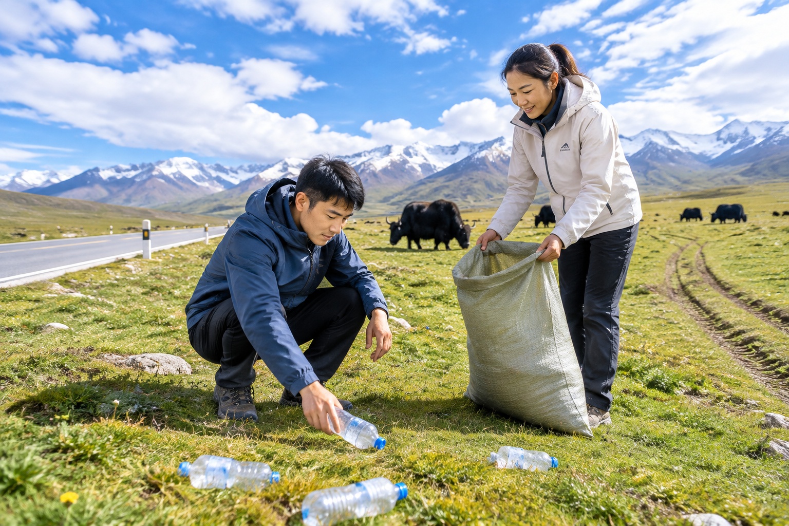 Two drivers picking up roadside litter into a sack on an alpine meadow beside a high-altitude road in western China with yaks grazing nearby