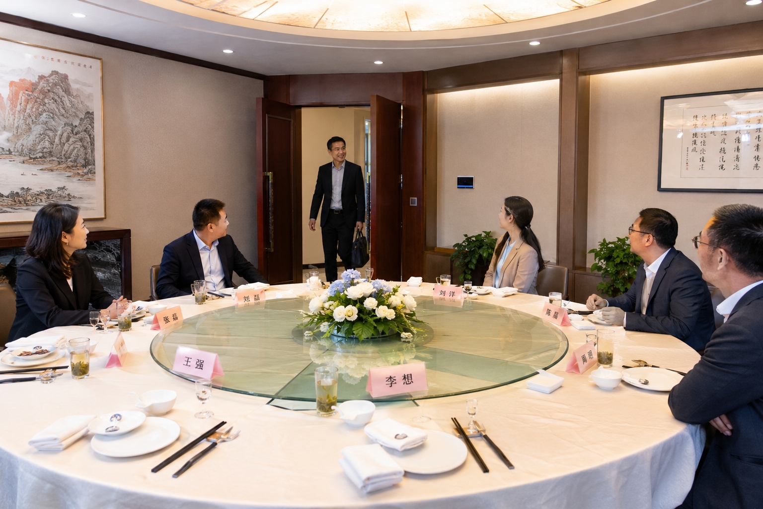 Colleagues seated around a round Chinese banquet table, with the host's seat positioned facing the door